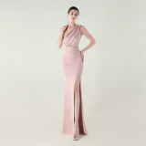 Women strapless satin pleated fishtail slit evening dress