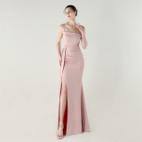 Women beaded chain fishtail slit evening dress