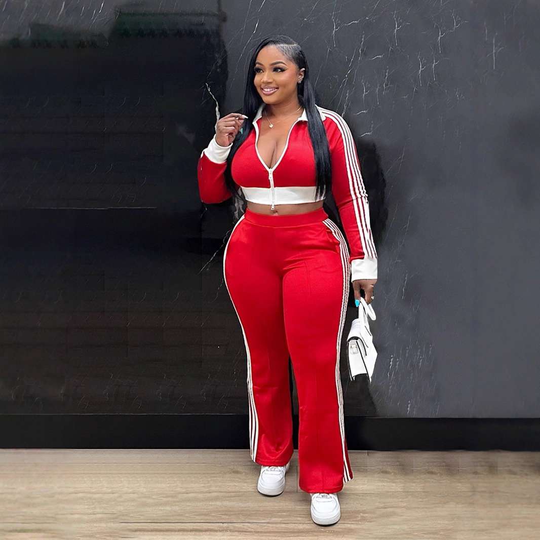 Women Casual contrast color zipper long-sleeved Crop Top and Pants two-piece set