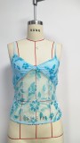 Women Summer Sleeveless Multi-Color Strapless Suspender See-Through Embroidered Beaded Lace Top