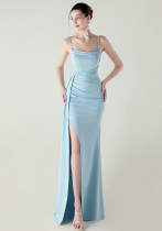 Women satin beaded chain fishtail slit evening dress Women satin beaded chain fishtail slit evening dress