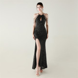 Women Halter Neck sequined beaded fishtail slit evening dress