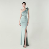 Women one-shoulder flower satin slit sexy evening dress