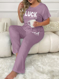 Plus Size Women Spring Summer Printed Short Sleeve T-shirt and Pants Pajama Set