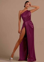 Women one-shoulder sexy slit satin dress dress Women one-shoulder sexy slit satin dress dress