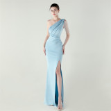 Women strapless satin pleated fishtail slit evening dress