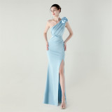 Women one-shoulder flower satin slit sexy evening dress