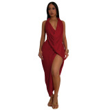 Women V Neck beaded Halter Neck sexy slit Solid pleated dress
