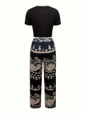 Women printed Casual short-sleeved T-shirt + wide-leg pants two-piece set