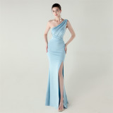Women one-shoulder satin beaded sexy slit evening dress