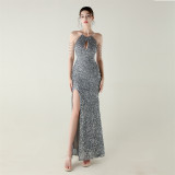 Women Halter Neck sequined beaded fishtail slit evening dress
