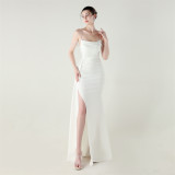 Women Strapless satin beaded chain fishtail evening dress