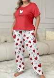 Plus Size Women Spring Summer Printed Short Sleeve T-shirt and Pants Pajama Set