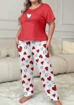 Plus Size Women Spring Summer Printed Short Sleeve T-shirt and Pants Pajama Set