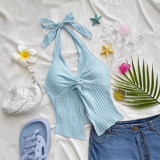 Women Backless Sexy Halter Neck Tie Hollow Suspender Crop Top