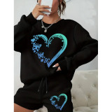 Women Round Neck Long Sleeve Top and Shorts Casual Two-piece Set