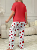 Plus Size Women Spring Summer Printed Short Sleeve T-shirt and Pants Pajama Set