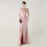 Women Strapless satin beaded chain fishtail evening dress