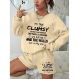 Women Round Neck Long Sleeve Top and Shorts Casual Two-piece Set