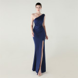 Women one-shoulder satin beaded sexy slit evening dress