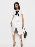 Women French V Neck Bow Short Sleeve Beaded Button Knitting Slit Dress