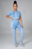 Women Summer Printed Short Sleeve Yoga Two-piece Set