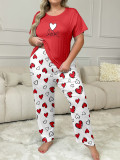 Plus Size Women Spring Summer Printed Short Sleeve T-shirt and Pants Pajama Set