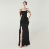 Women Strapless satin beaded chain fishtail evening dress