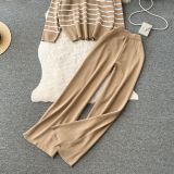 Women Casual V Neck Striped Knitting Top and Pants Two-piece Set