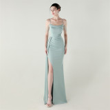 Women Strapless satin beaded chain fishtail evening dress