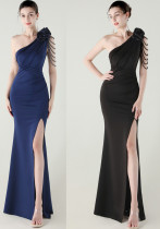 Women one-shoulder flower beaded satin sexy slit evening dress