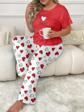 Plus Size Women Spring Summer Printed Short Sleeve T-shirt and Pants Pajama Set
