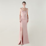 Women Strapless satin beaded chain fishtail evening dress