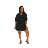 Women Casual Women Solid V Neck bubble sleeve multi-layer pleated dress