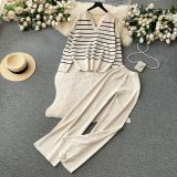 Women Casual V Neck Striped Knitting Top and Pants Two-piece Set