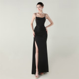 Women satin beaded chain fishtail slit evening dress