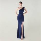 Women one-shoulder satin beaded sexy slit evening dress