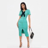 Women French V Neck Bow Short Sleeve Beaded Button Knitting Slit Dress