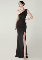 Women one-shoulder satin beaded sexy slit evening dress