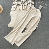 Women Casual V Neck Striped Knitting Top and Pants Two-piece Set