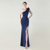 Women one-shoulder flower beaded satin sexy slit evening dress