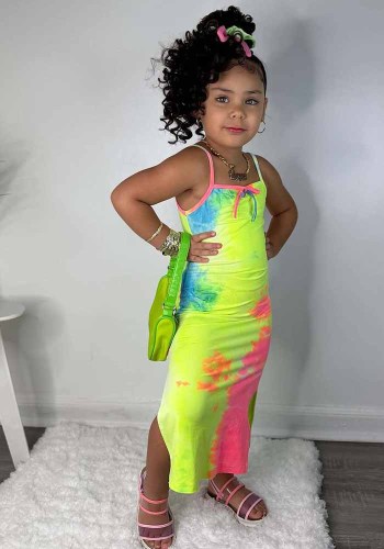 Girls' Knitting Summer Tie-Dye Printed Suspender Dress