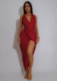 Women V Neck beaded Halter Neck sexy slit Solid pleated dress