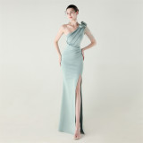 Women one-shoulder flower beaded satin sexy slit evening dress