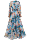 Elegant Women's Long-Sleeve V-Neck Ruffled Formal Party Mesh Evening Gown