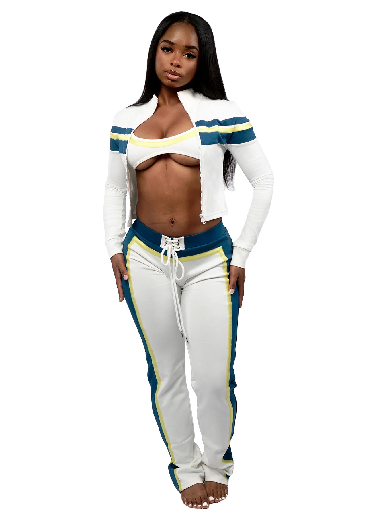 Fashionable Women's Printed Patchwork Long-Sleeve Three-Piece Pants Set