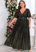 Plus-Size Glitter V-Neck Patchwork Short-Sleeve A-Line Fully Lined Evening Dress
