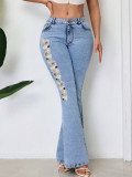 Embroidered Retro High-Waist Bell Bottom Denim Pants