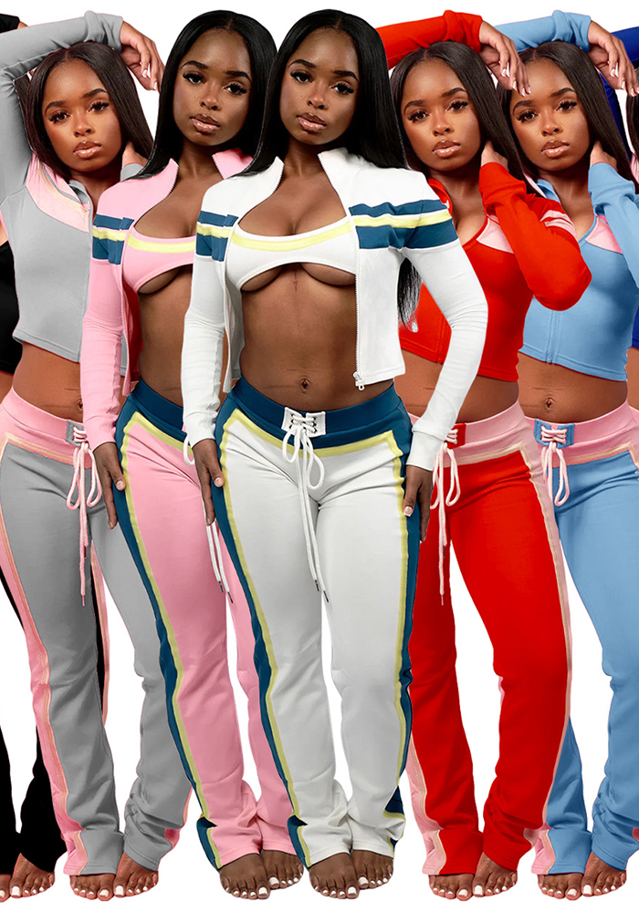 Fashionable Women's Printed Patchwork Long-Sleeve Three-Piece Pants Set