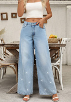 Women's Low-Waist Straight Beaded Wide-Leg Denim Pants Women's Low-Waist Straight Beaded Wide-Leg Denim Pants